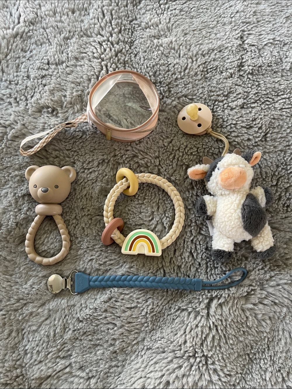 Itsy Ritzy Baby toy Lot Cow Rainbow Teddy Bear Pacifier Holder